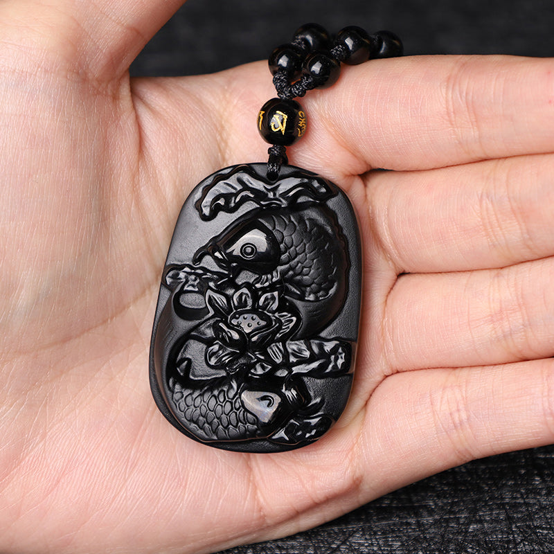KarmaRipple's Authentic Black Obsidian Koi Fish Lotus Strength Beaded Pendant Necklace p8