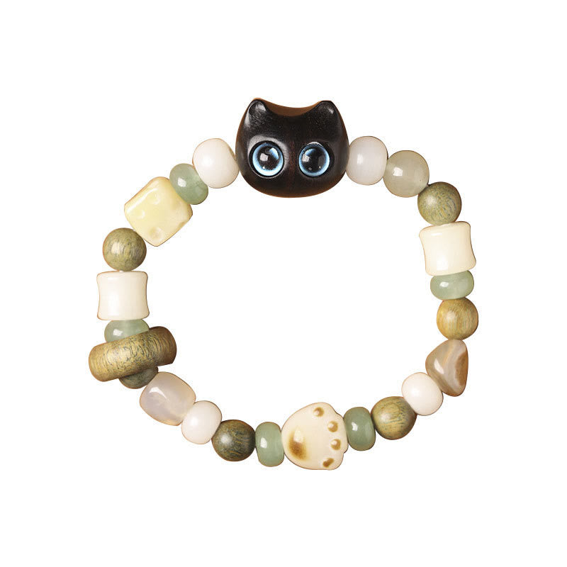KarmaRipple's Bodhi Seed Green Sandalwood Ebony Wood Small Leaf Red Sandalwood Cat Head Paw Claw Peace Bracelet p11