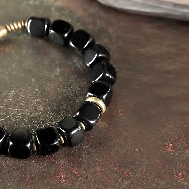KarmaRipple's Black Obsidian Gemstone Bronze Strength Pair Bracelet p4