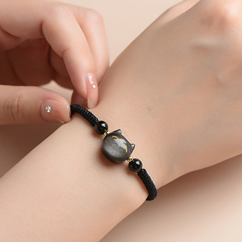 KarmaRipple's Handmade Authentic Silver Sheen Obsidian Strawberry Quartz Cute Cat Protection Woven Bracelet p7