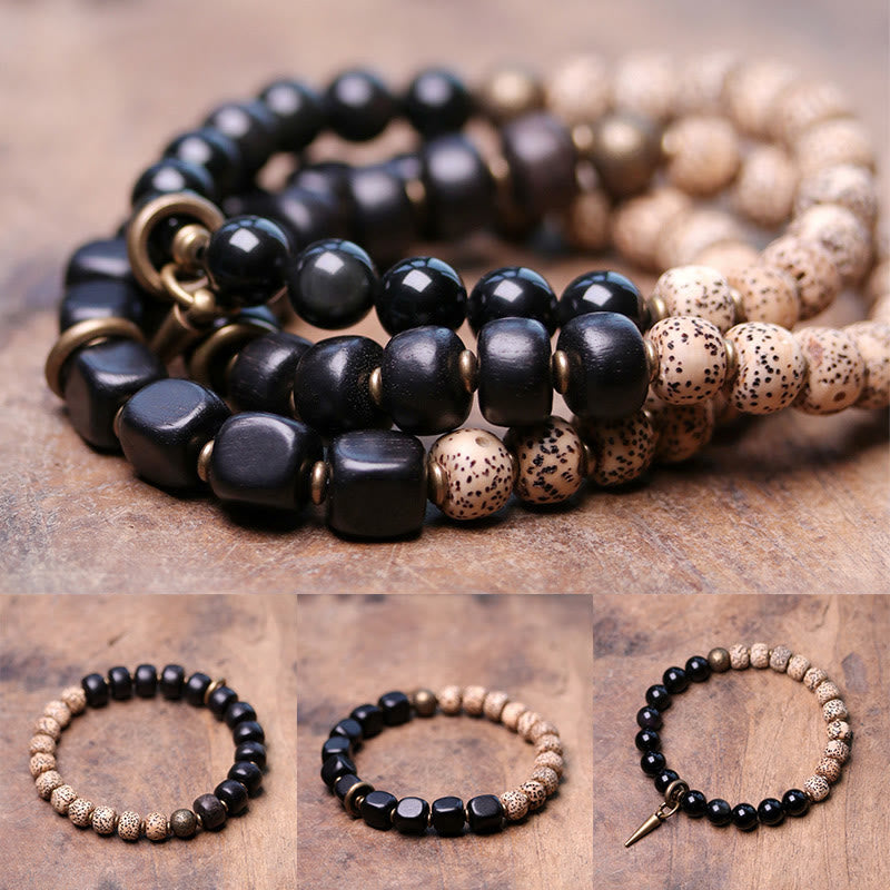 KarmaRipple's Tibetan Bodhi Seed Black Obsidian Ebony Wood Bronze Peace Bracelet p4