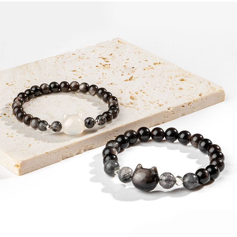 KarmaRipple's Authentic Silver Sheen Obsidian Cute Cat Head Protection Bracelet p10