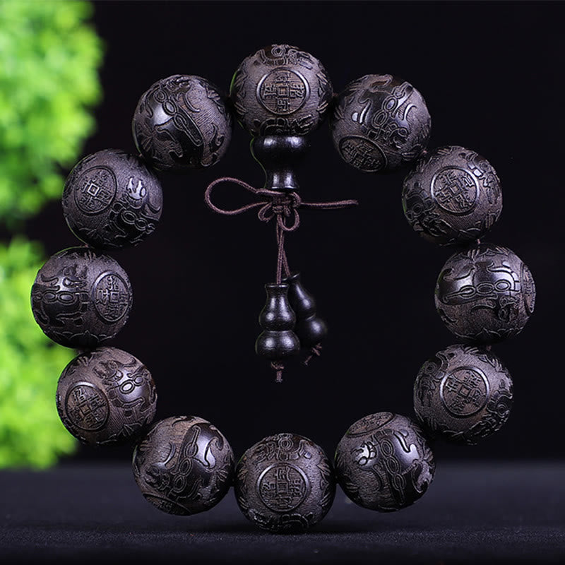 KarmaRipple's Chinese Zodiac Rosewood Ebony Boxwood Bronze Coin PiXiu Carved Warmth Bracelet p37