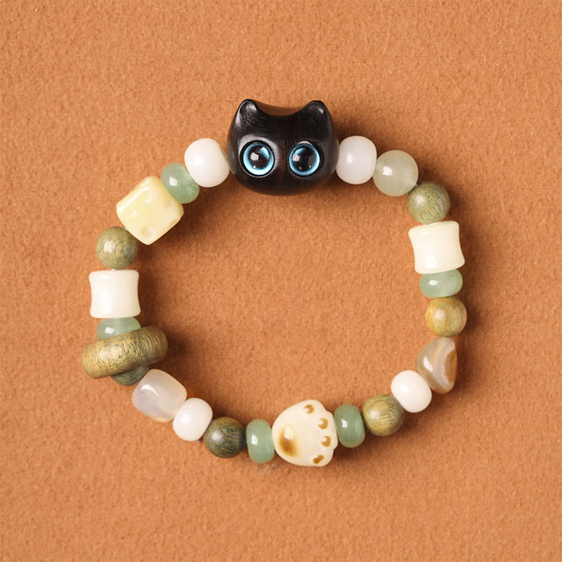KarmaRipple's Bodhi Seed Green Sandalwood Ebony Wood Small Leaf Red Sandalwood Cat Head Paw Claw Peace Bracelet p6