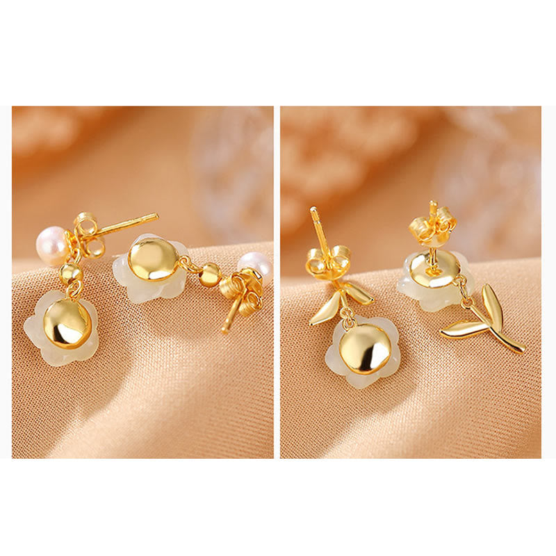 KarmaRipple's 925 Sterling Silver Plated Gold Jade Rose Flower Cyan Jade Pearl Fortune Earrings p8