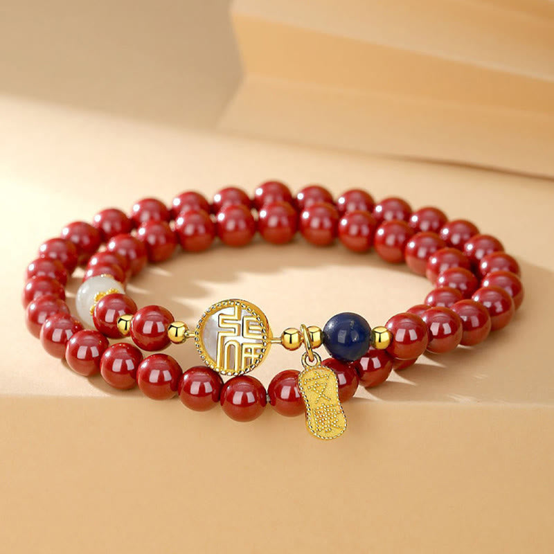KarmaRipple's 925 Sterling Silver Cinnabar Tridacna Stone Fu Character Double Wrap Blessing Bracelet p1