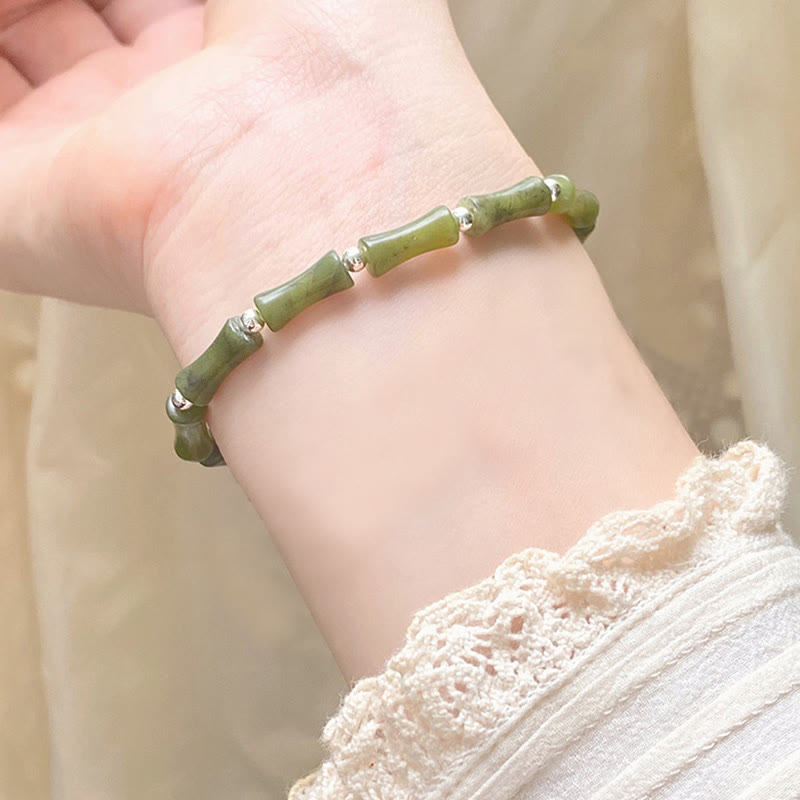 KarmaRipple's 925 Sterling Silver Bamboo Jade Fortunate Cat Fu Character Fortune Abundance Bracelet p14