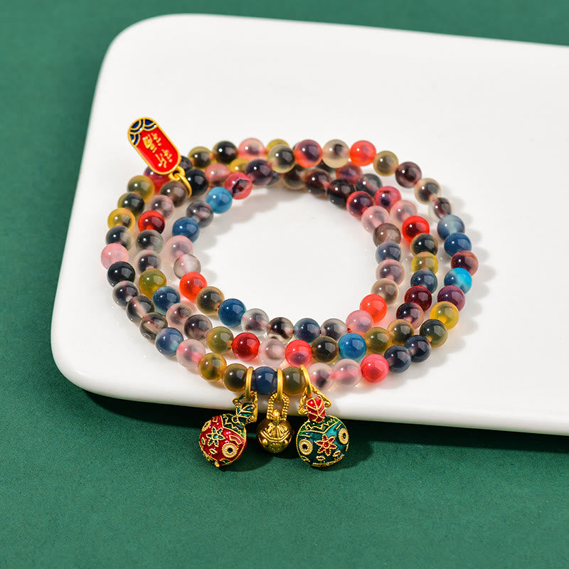KarmaRipple's Colorful Candy Agate Gold Swallowing Beast Family Strength Talisman Triple Wrap Bracelet p4