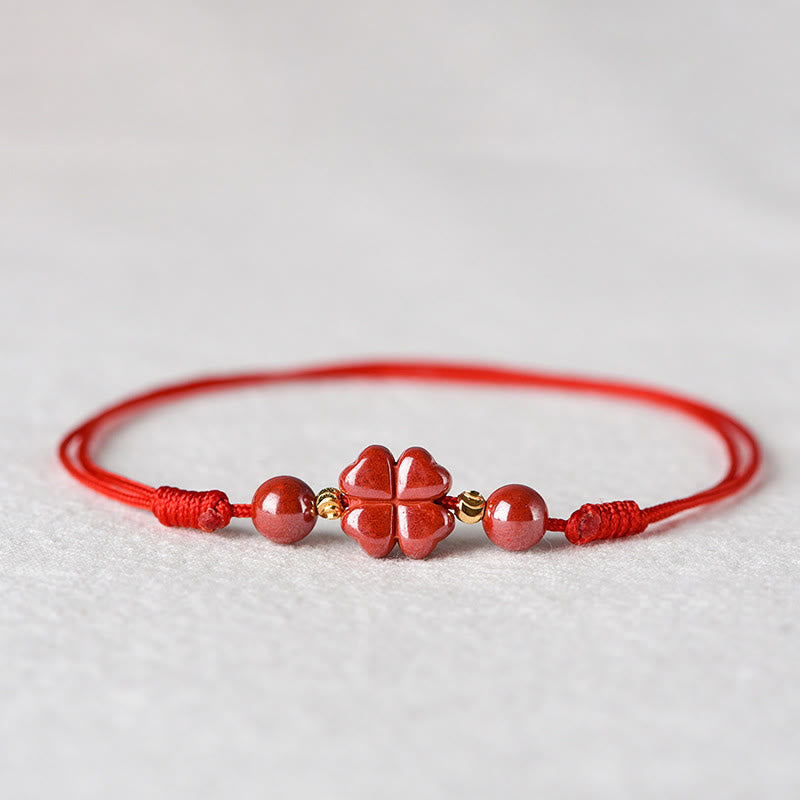 KarmaRipple's Four Leaf Clover Cinnabar Blessing Calm String Bracelet Anklet p1