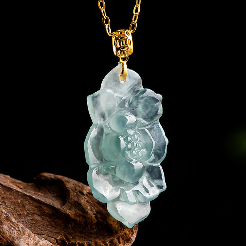 KarmaRipple's 18K Gold Authentic Jade Lotus Pattern Prosperity Pendant Necklace p4