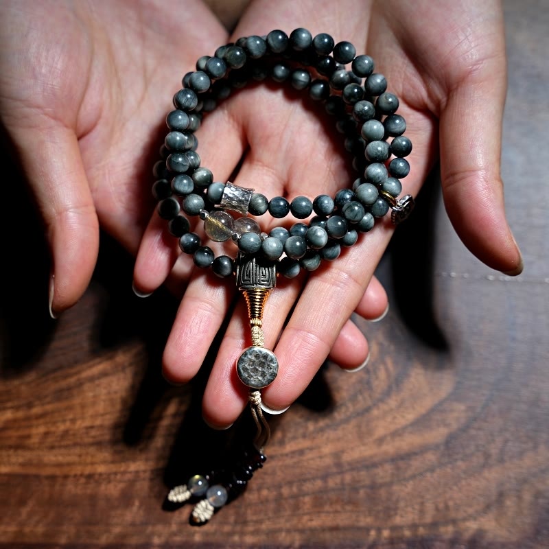 KarmaRipple's 925 Sterling Silver 108 Mala Beadwork Eagle's Eye Stone Moonstone'sitive Bracelet p3