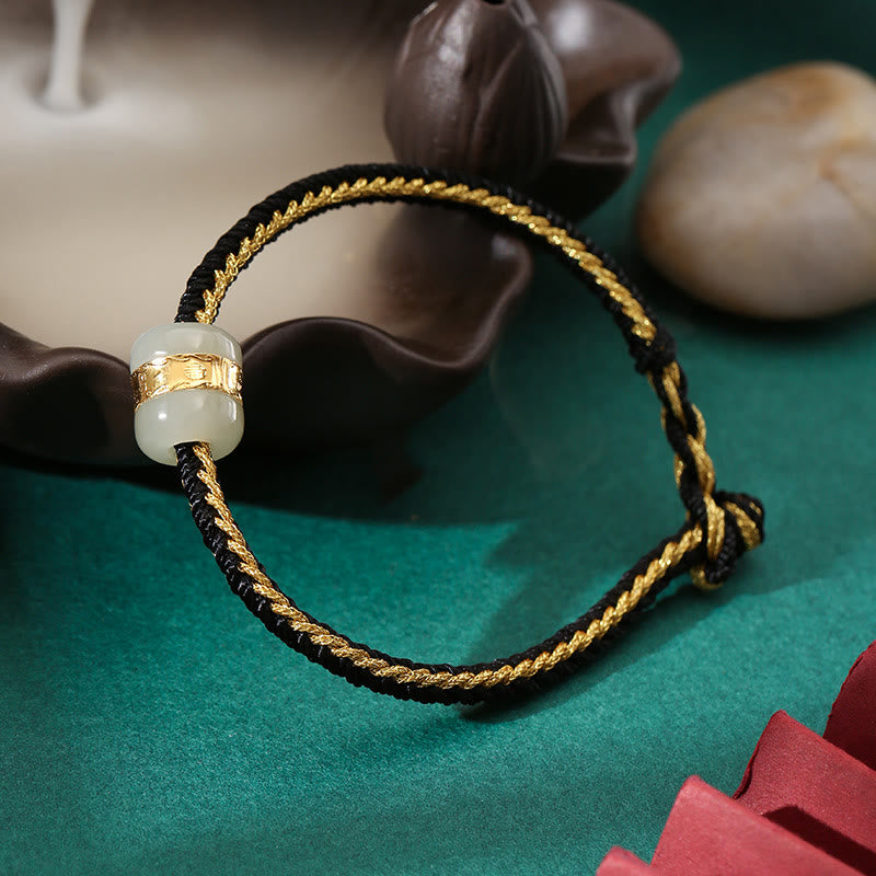 KarmaRipple's 999 Gold Hetian Ivory Jade Om Mani Padme Hum Fu Character Fortune Woven Bracelet p34