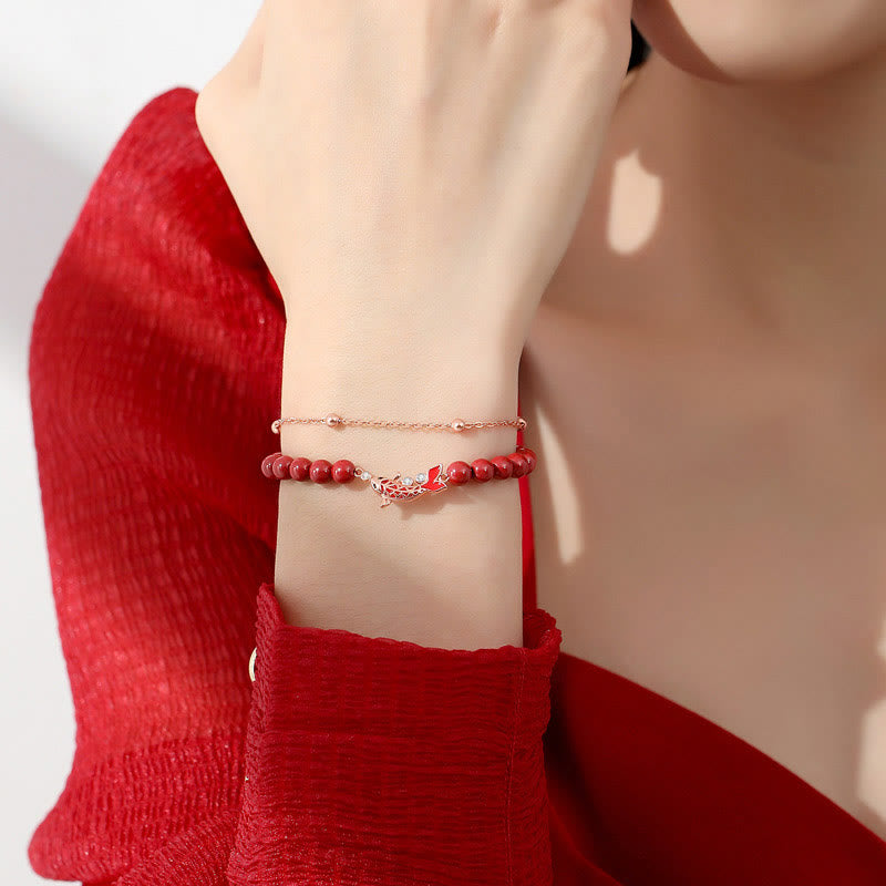 KarmaRipple's 925 Sterling Silver Fortunate Koi Fish Cinnabar Zircon Prosperity Double Layer Chain Bracelet p5