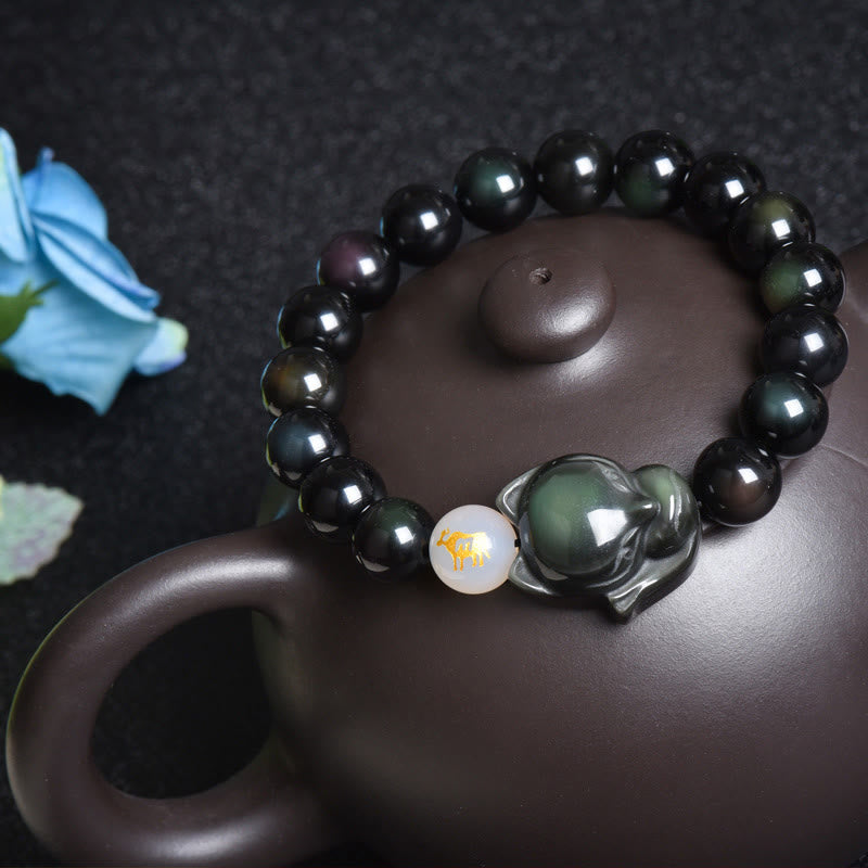KarmaRipple's Authentic Rainbow Obsidian Gold Sheen Obsidian Silver Sheen Obsidian Fox Balancing Bracelet p1