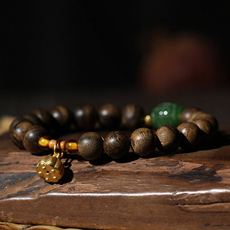 KarmaRipple's 999 Gold Brunei Agarwood Cyan Jade Lotus Flower Peace Strength Bracelet p14