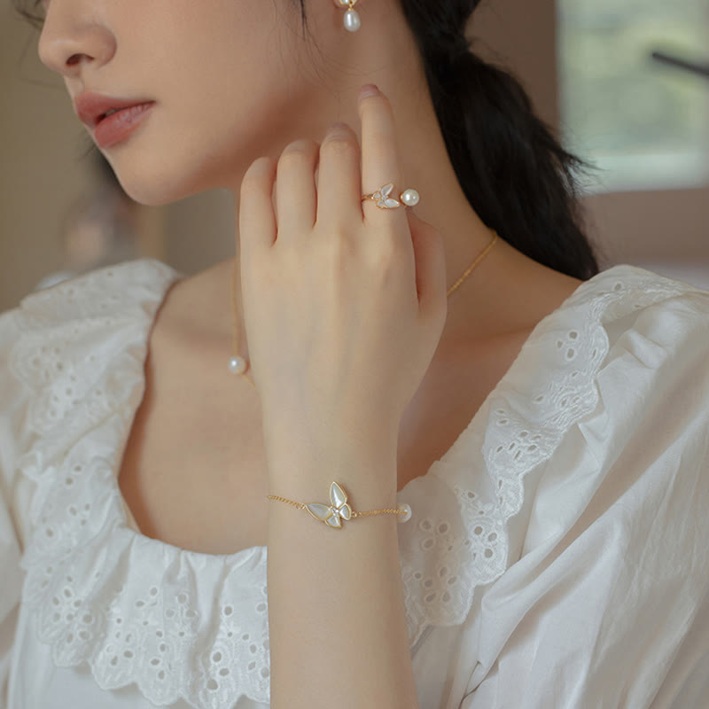 KarmaRipple's 14K Gold Plated Bronze Pearl Tridacna Stone Butterfly Blessing Ring Bracelet Pendant Necklace Earrings Set p1