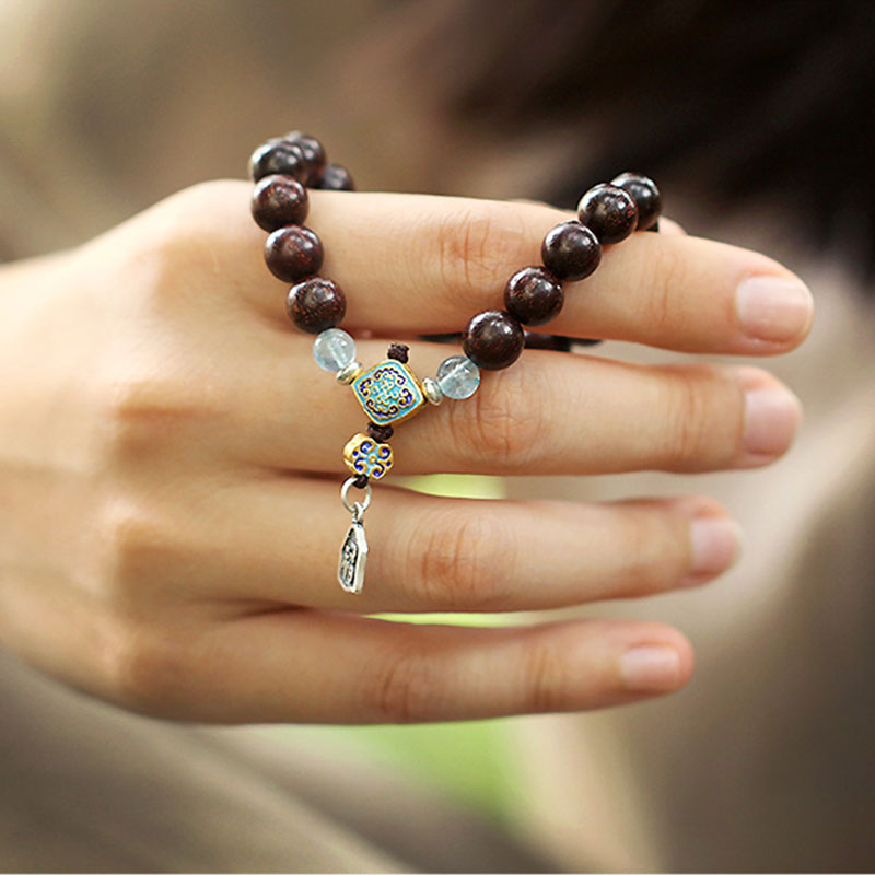 KarmaRipple's 925 Sterling Silver Indian Small Leaf Red Sandalwood Aquamarine Full of Gold Star Chinese Knotting Blessing Bracelet p6