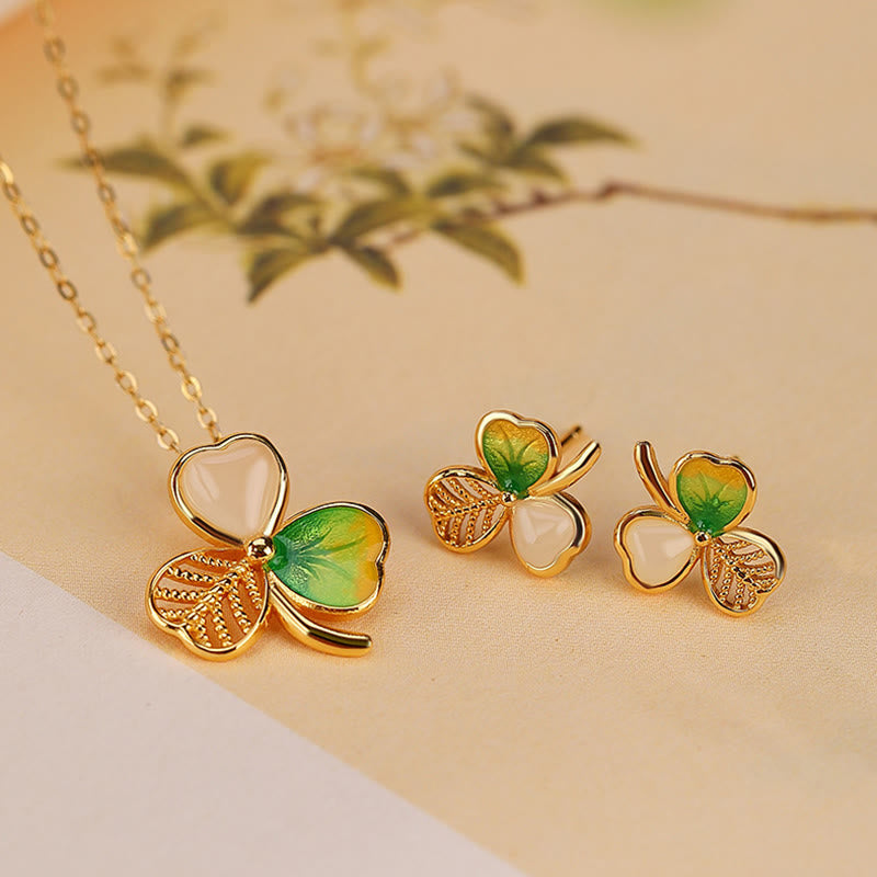 KarmaRipple's 925 Sterling Silver Plated Gold Hetian Jade Fortune Shamrock Clover Pendant Necklace Earrings p1