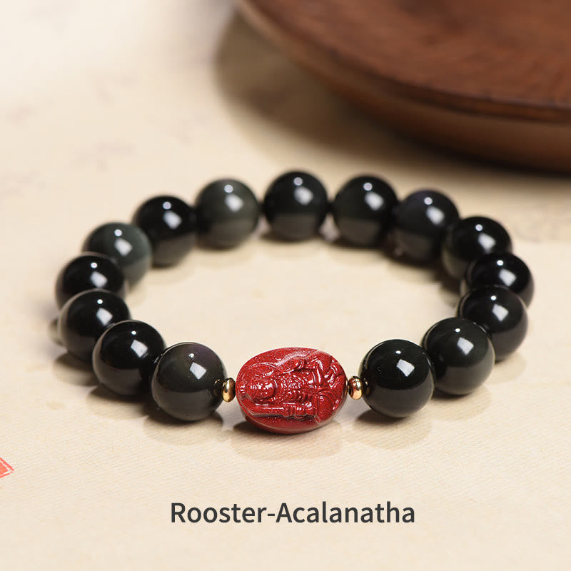 KarmaRipple's Chinese Zodiac Natal Buddha Authentic Black Obsidian Cinnabar Purification Bracelet p18