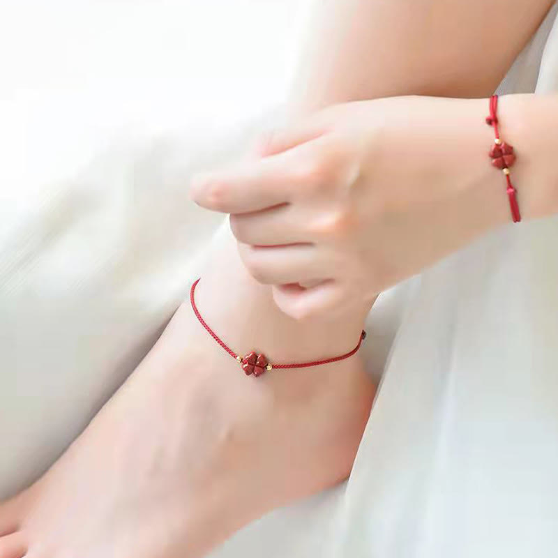 KarmaRipple's Authentic Cinnabar Four Leaf Clover Blessing Red String Bracelet Anklet p12