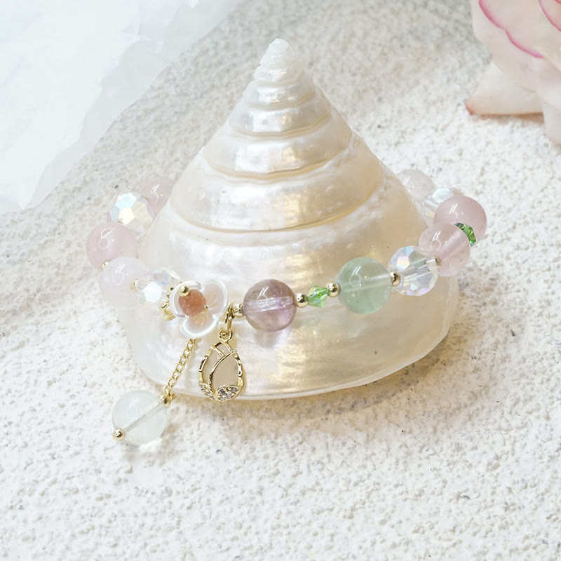 KarmaRipple's Strawberry Quartz Rutilated Quartz Fluorite Flower Balancing Bracelet p28