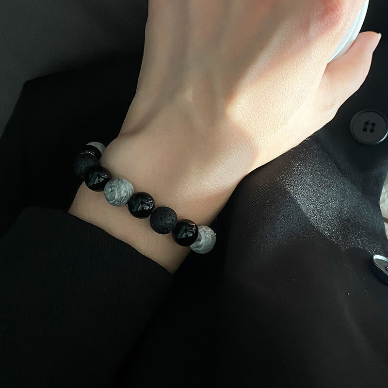 KarmaRipple's Vintage Lava Rock Black Obsidian Picasso Jasper Beadwork Support Rope Bracelet p13