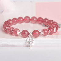 KarmaRipple's 925 Sterling Silver Strawberry Quartz Four Leaf Clover Love Bracelet