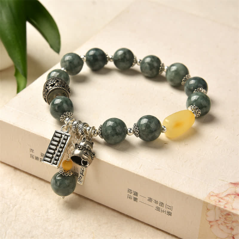 KarmaRipple's 925 Sterling Silver Cyan Jade Amber Abacus Fortunate Cat Success Bracelet p1