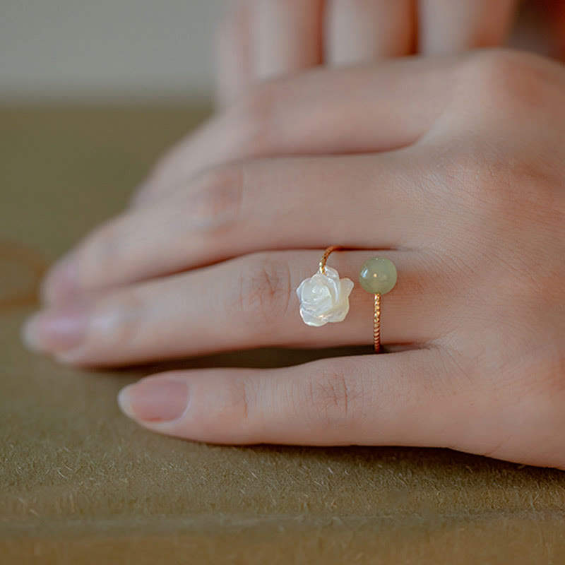 KarmaRipple's 14K Gold Plated Tridacna Stone'se Flower Jade Bead Blessing Ring p11