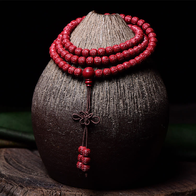 KarmaRipple's 108 Mala Beadwork Cinnabar Om Mani Padme Hum Pattern Engraved Blessing Bracelet p16