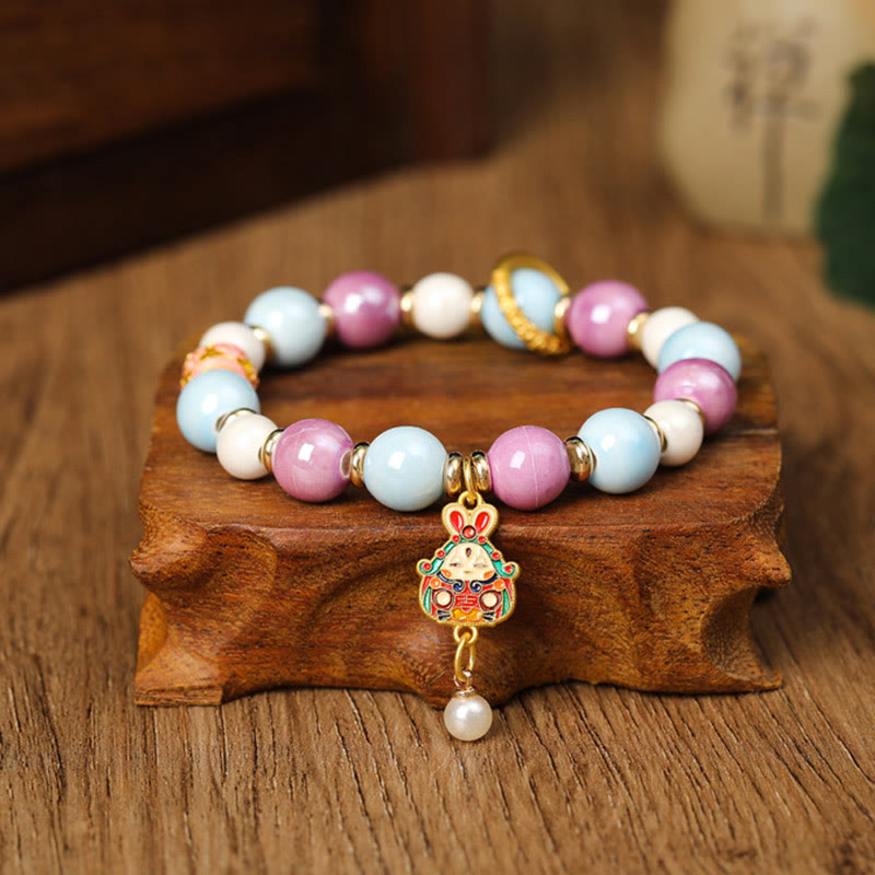 KarmaRipple's Tibetan Zakiram Goddess of Wealth Rabbit Lion Head Talisman Liuli Glass Incense Ash Porcelain Bead Protection Bracelet p1