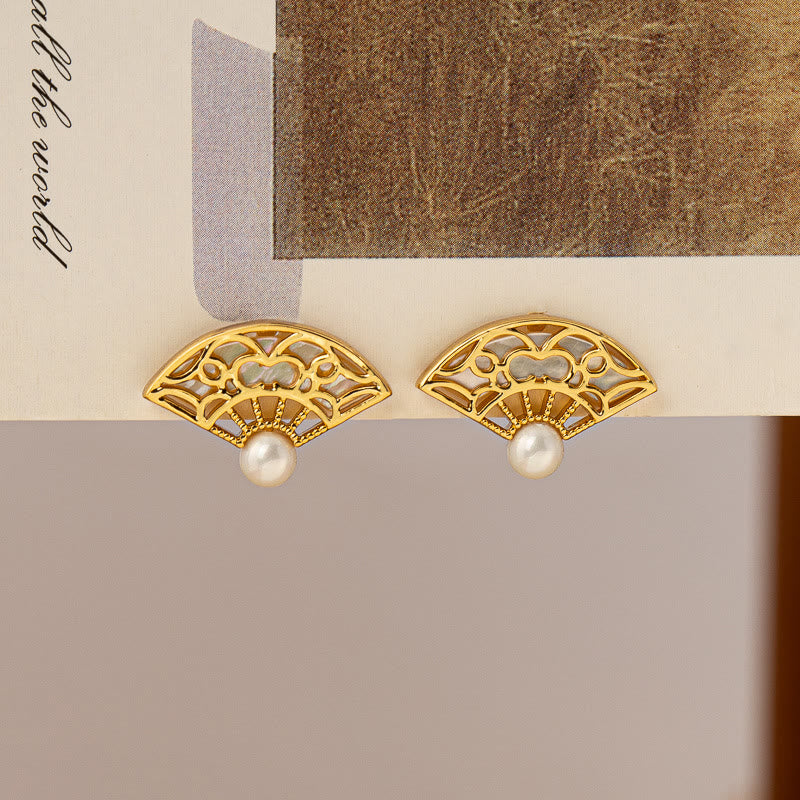 KarmaRipple's 925 Sterling Silver Posts Fan Pattern Pearl Bronze Wisdom Stud Drop Earrings p3