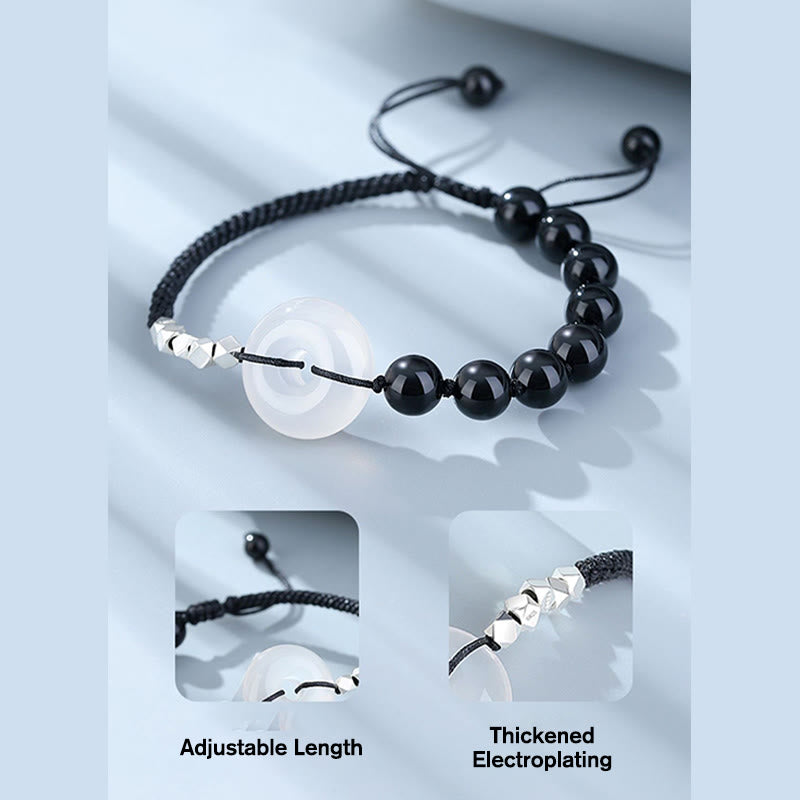 KarmaRipple's 925 Sterling Silver Black Obsidian Agate Peace Buckle Strength Bracelet p5