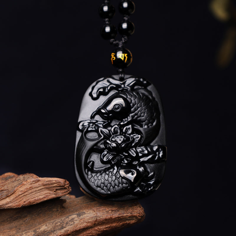 KarmaRipple's Authentic Black Obsidian Koi Fish Lotus Strength Beaded Pendant Necklace p1