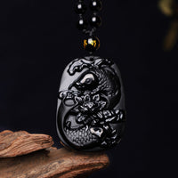 KarmaRipple's Authentic Black Obsidian Koi Fish Lotus Strength Beaded Pendant Necklace