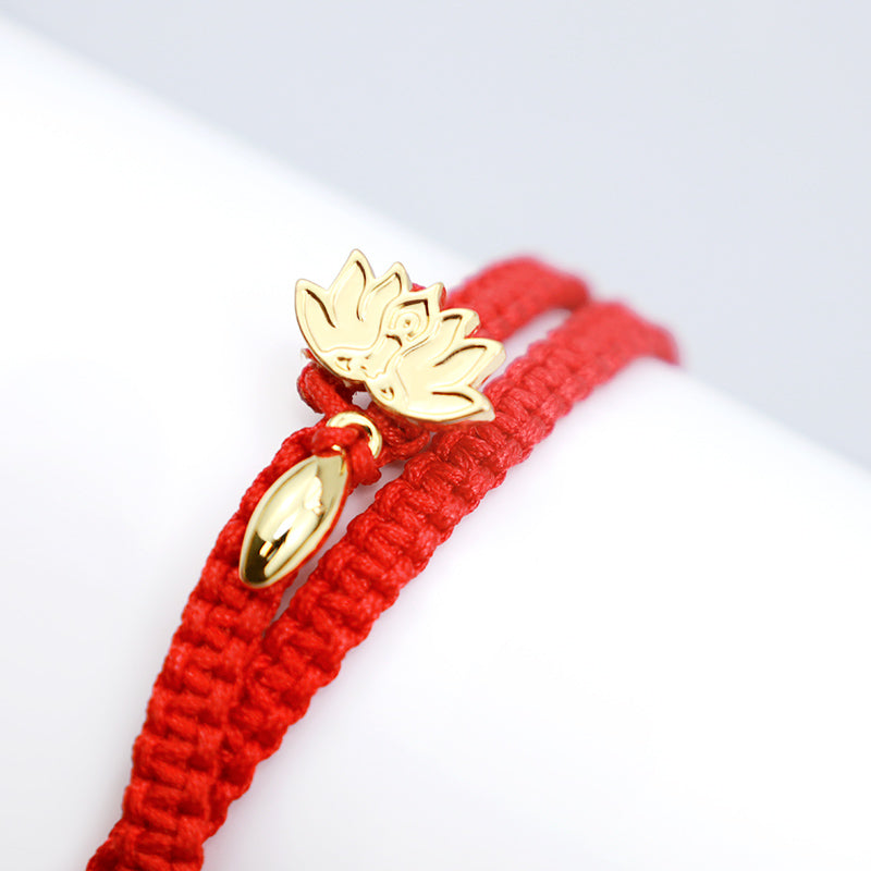 KarmaRipple's Tibetan Handmade Lotus Pink Gemstone Soothing Red String Bracelet ( p6