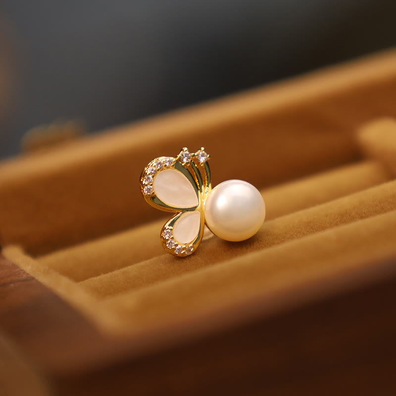 KarmaRipple's 925 Sterling Silver Posts 18K Gold Plated Bronze Authentic Pearl Butterfly Zircon Balancing Stud Earrings p5