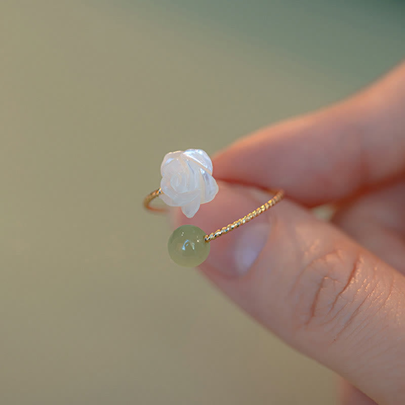 KarmaRipple's 14K Gold Plated Tridacna Stone'se Flower Jade Bead Blessing Ring p5