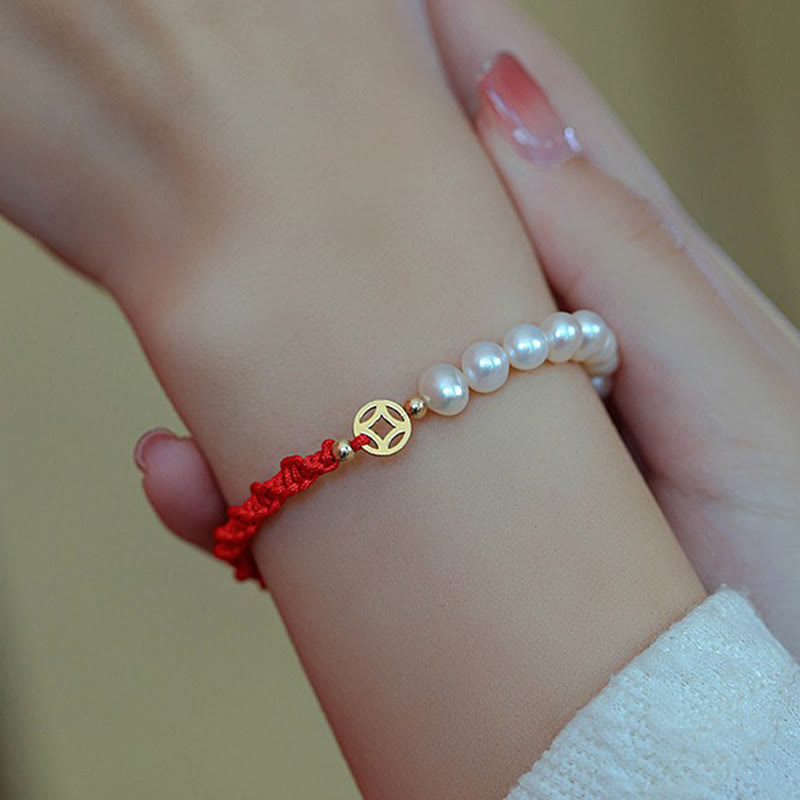 KarmaRipple's 14K Gold Plated Pearl Bead Fortune Protection Braid Red String Bracelet p10