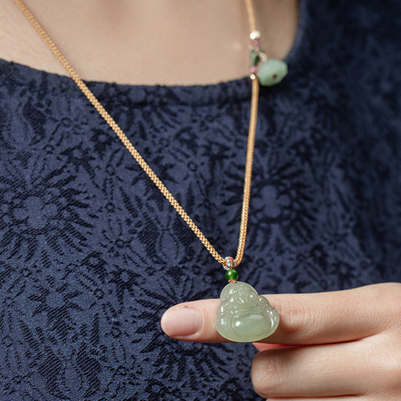 KarmaRipple's Laughing Buddha Jade Lotus Prosperity String Pendant Necklace p4