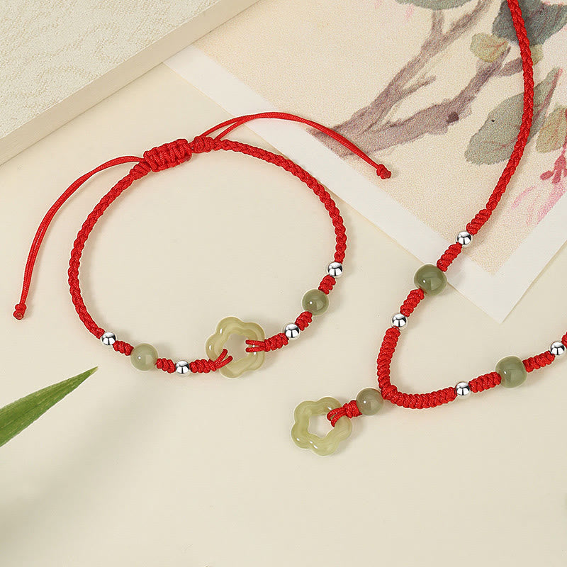 KarmaRipple's 925 Sterling Silver Authentic Hetian Cyan Jade Flower Pentagram Fortune Red Rope Pendant Necklace Bracelet Set p1