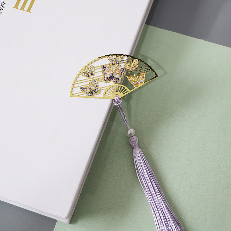 KarmaRipple's Traditional Butterfly Lotus Flower Crane Dragon Phoenix Fox Koi Fish New Beginning Metal Brass Hollow Fan Bookmarks p32