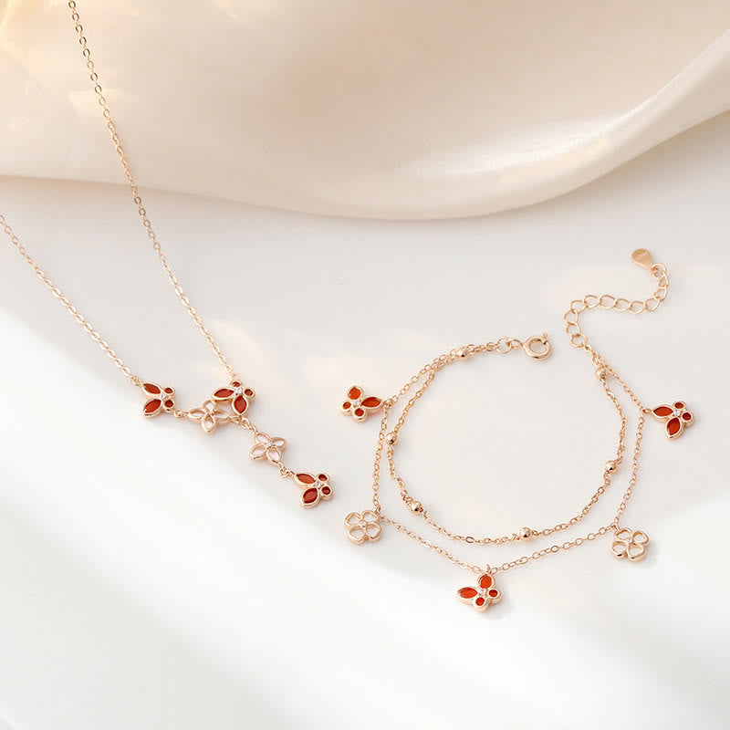 KarmaRipple's 925 Sterling Silver Red Agate Tridacna Stone Butterfly Four Leaf Clover Calm Bracelet Pendant Necklace Set p1
