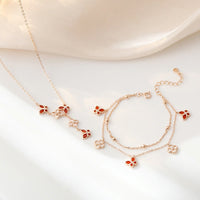 KarmaRipple's 925 Sterling Silver Red Agate Tridacna Stone Butterfly Four Leaf Clover Calm Bracelet Pendant Necklace Set