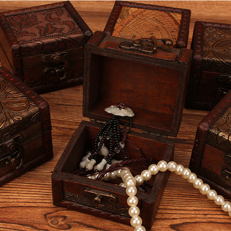 KarmaRipple's Retro Small Square Wood Jewelry Box Lotus Grass Flower Grape Bronze Coin Daffodil Jewelry Storage Box p19