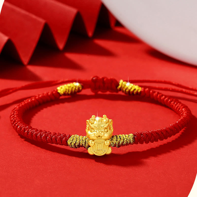 KarmaRipple's 999 Sterling Silver Year of the Dragon Bronze Coin Fortune Dragon Fu Character Fortune Handcrafted Red String Woven Bracelet p1