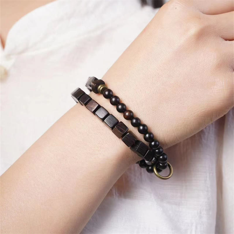 KarmaRipple's Tibet Ebony Wood Square Beadwork Peace Double Wrap Bracelet p6