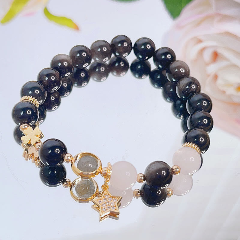 KarmaRipple's Authentic Silver Sheen Obsidian Love Heart Star Flower Protection Bracelet ( p19