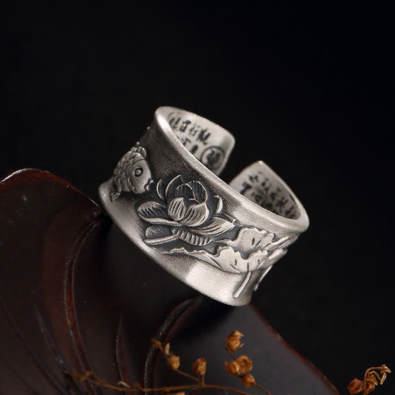KarmaRipple's 999 Sterling Silver Fortune Koi Fish Lotus Heart Sutra Wealth Ring p16
