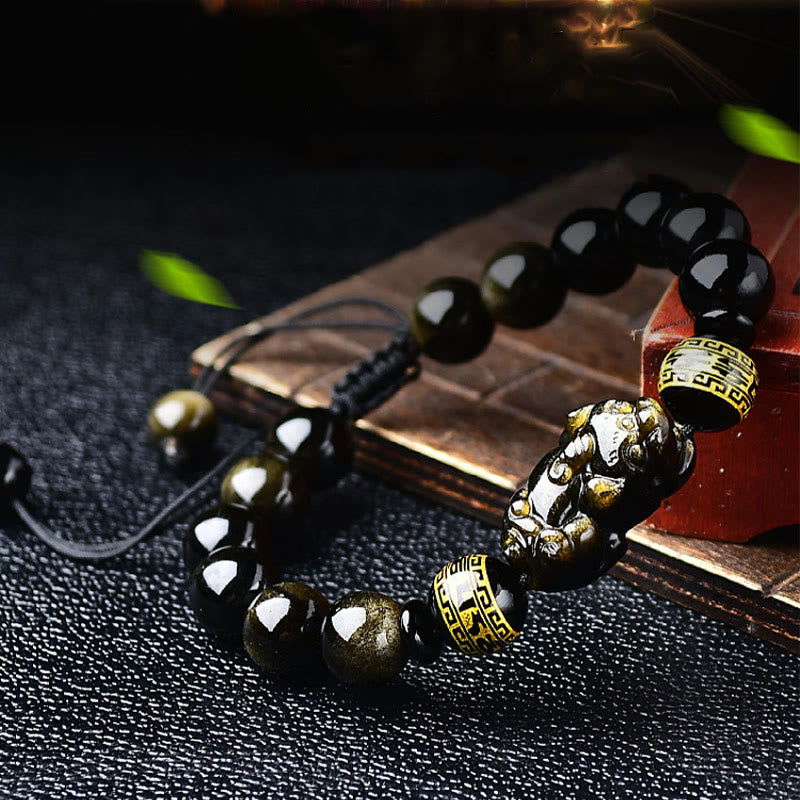 KarmaRipple's Authentic Gold Sheen Obsidian PiXiu Om Mani Padme Hum Wealth Woven Bracelet p9